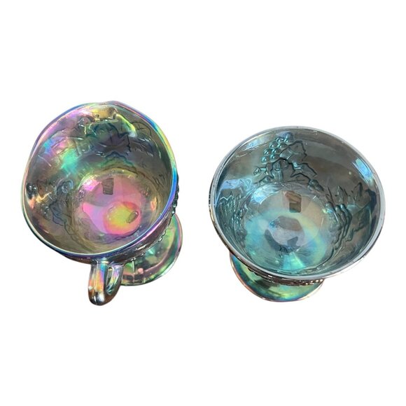 Vintage Harvest Blue Iridescent Carnival Glass Open Sugar Bowl & Creamer Grapes - Picture 5 of 11